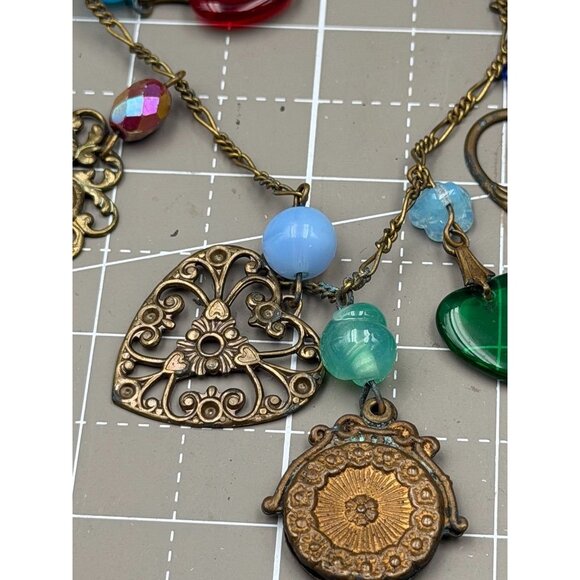 Vintage Glass Works Studio Charm Necklace Brass Glass Hearts Eagle Moon Stars Bo - Picture 7 of 7
